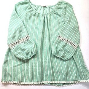 Copper Key Womens Top Size XS Green stripe pom pom trim semi-sheer lightweight